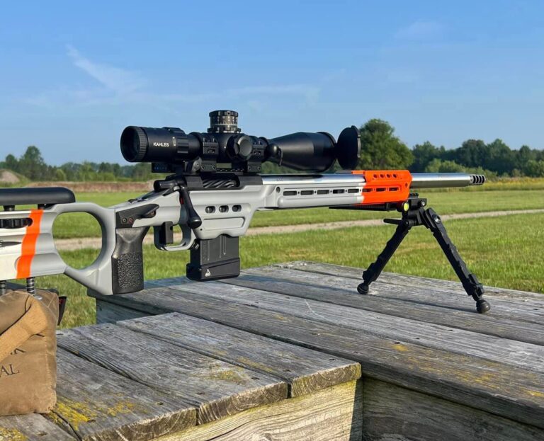 A Rachel Precision PRS rifle on a bipod at the range
