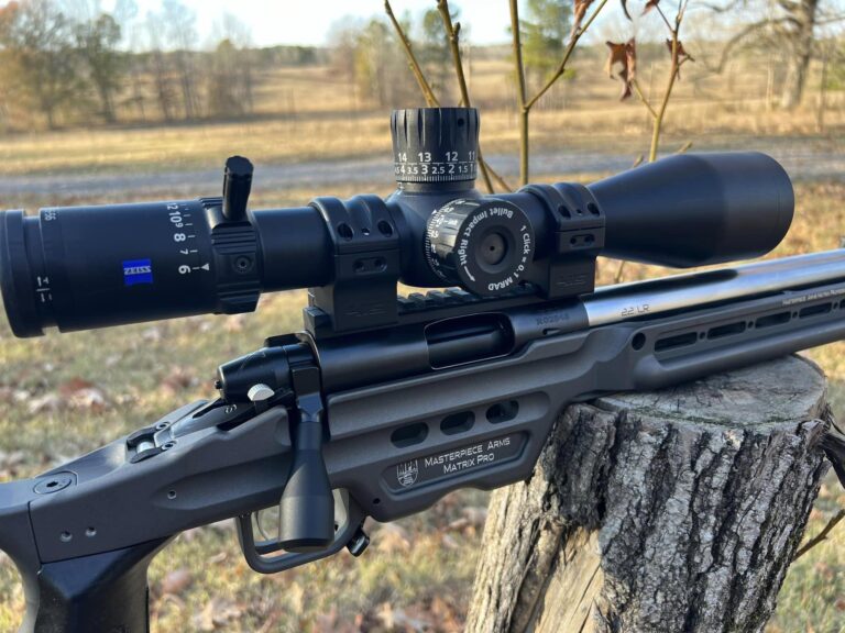 A RimX rimfire action in a MasterPiece Arms chassis with a Zeiss scope